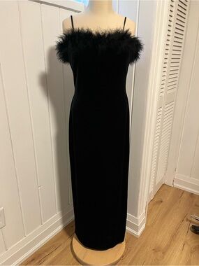 Vintage Black Velvet Gown with Feather-Trim